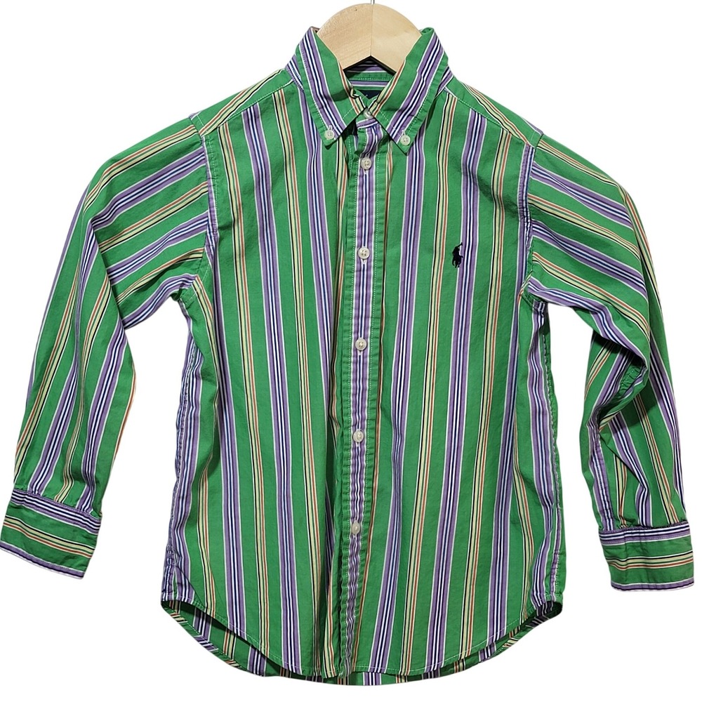 Polo Ralph Lauren Kids Green Striped Button Down Shirt Long Sleeve Size 5 Cotton